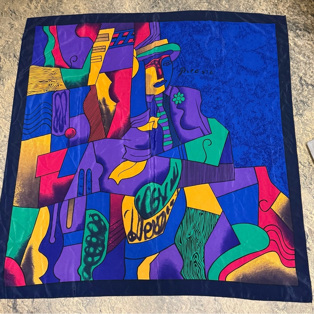 Vintage Pop Art Picasso Blue Multicolor Silk Scarf Scarves 33" X 34" #6
